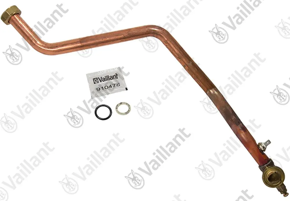 Kupferrohr mit einem gebogenen Ende und zwei Anschlussstellen, geeignet für installationsbezogene Anwendungen, mit Zubehörteilen von Vaillant.